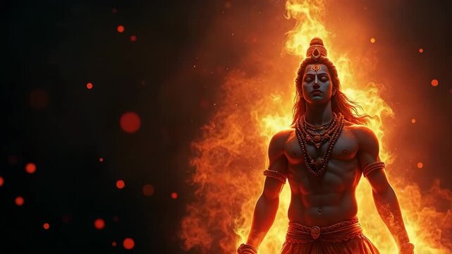 A powerful artistic depiction of a Hindu god surrounded by an intense fiery aura, symbolizing divinity, spiritual energy, and ancient Indian mythology. Perfect for religious, cultural, and festival