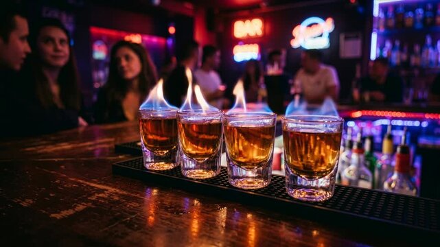 flaming alcohol shots on bar counter 