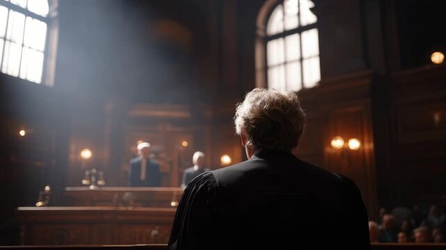 Male judge in black robe stands in courtroom, addressing two lawyers at the front, with wooden benches and spectators visible in the background