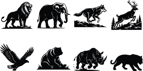 Black and white vector silhouette collection of wild animals including lion elephant wolf deer eagle bear rhinoceros and panther © SONET
