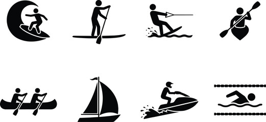 Camping and outdoor hiking recreation vector silhouette icon set featuring pitched tent campfire backpacker camper van mountain biking and kayaking © SONET