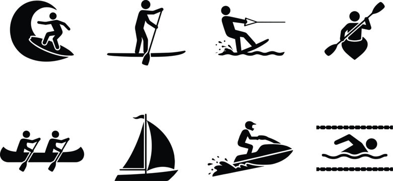 Camping and outdoor hiking recreation vector silhouette icon set featuring pitched tent campfire backpacker camper van mountain biking and kayaking