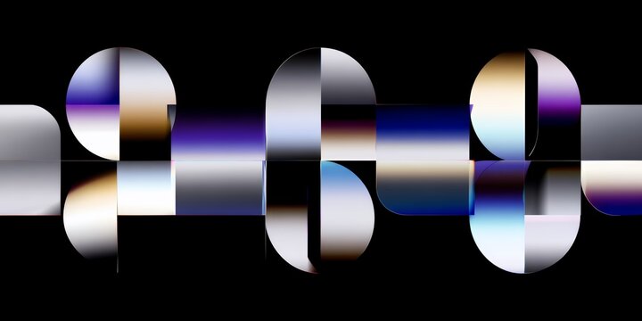 Abstract geometric background with metallic gradients, split circles and rectangles in futuristic holographic colors for modern design