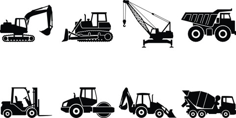Heavy construction machinery vehicle silhouette set featuring excavator bulldozer mobile crane dump truck forklift road roller backhoe and concrete mixer © SONET