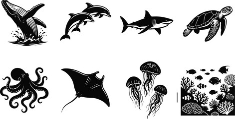 Sea life silhouettes collection featuring humpback whale dolphin shark sea turtle octopus manta ray jellyfish and coral reef fish vector icons © SONET