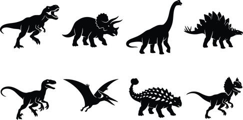 Vector collection of black dinosaur silhouettes including Tyrannosaurus Rex Triceratops Brachiosaurus Stegosaurus Velociraptor Pterodactyl Ankylosaurus and Dilophosaurus © SONET