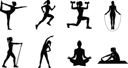 Women fitness and workout exercises vector silhouette icon set featuring yoga running weightlifting skipping rope and stretching © SONET