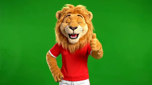 Friendly lion mascot character giving thumbs up on green screen for presentation and marketing costume