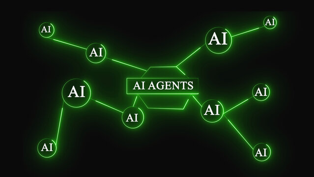 Glowing green digital network connection diagram with nodes and lines on a dark background representing data flow and technology communication system