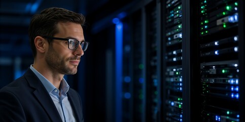 Fototapeta premium IT specialist monitoring server racks in a data center. Professional system administrator in a dark server room with glowing lights. Network security and cloud computing concept