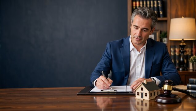 Lawyer signing real estate documents at a desk with house model and gavel. Professional notary in suit working on property contract. Legal services and home purchase concept