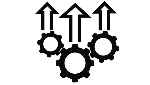 Three black gear wheels with upward pointing arrows representing efficiency productivity growth and mechanical progress in a simple flat vector icon style design for business and industrial concepts