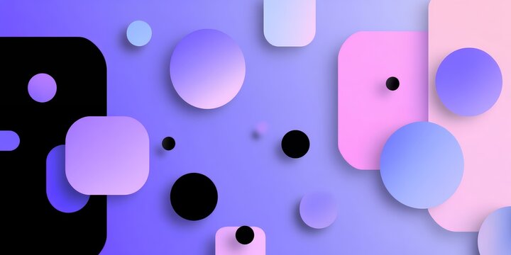 Modern abstract geometric composition with floating circles and rounded squares in pastel purple pink and blue colors with shadows