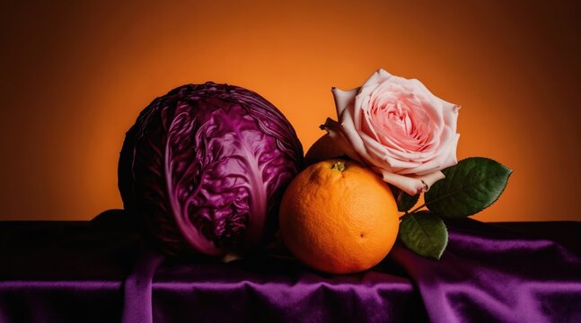 Red cabbage orange and pink rose arranged on purple satin cloth against orange background. Still life composition of garden produce and flower.