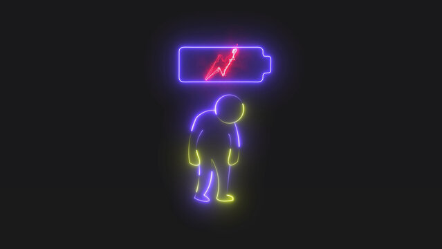 Tired person with a low battery symbol shining in neon light representing exhaustion and burnout in a dark digital style conceptual illustration for work stress and energy depletion management