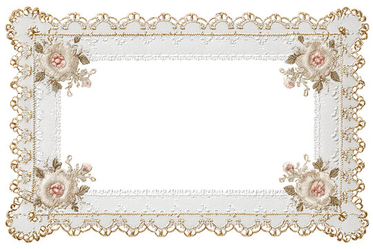 Ornate vintage rectangular lace frame with floral embroidery isolated on transparent background, Clipart png