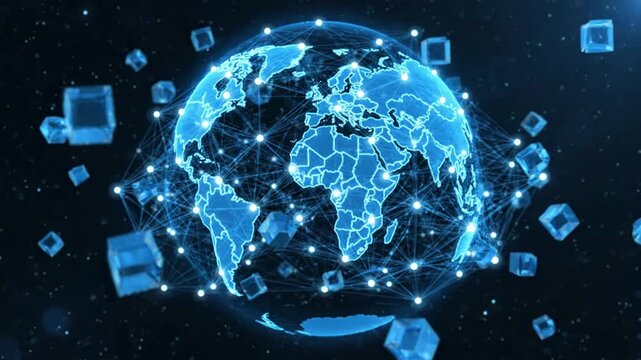 Global digital network with floating data cubes and connectivity lines, abstract technology background, for data science, and cyber security