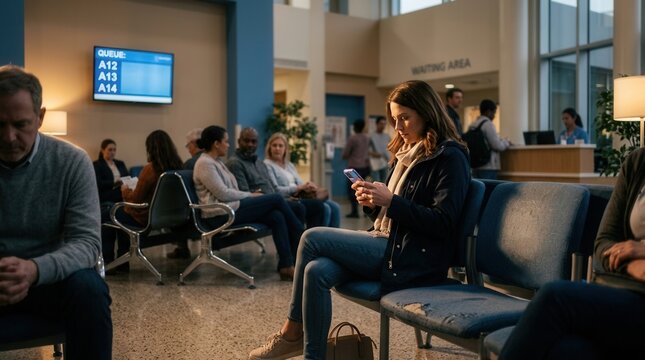 Diverse Patients Waiting In Modern Healthcare Facility Reception Area