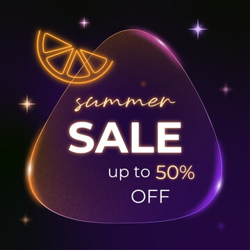 Summer sale banner template with glassmorphism bubble, neon orange fruit, and editable discount text on a dark purple gradient background for marketing and social media ads.