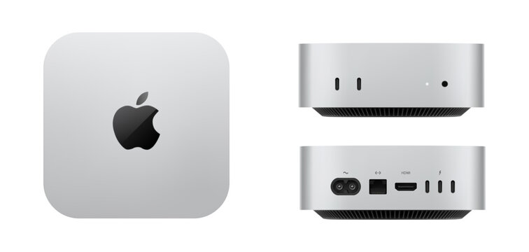 Photorealistic detailed Apple Mac Mini M4/M4 Pro mockup. Real dimentions. Top, front and back views isolated on transparent background. Vector editorial png