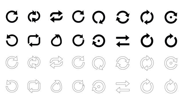 Reload arrow icon vector set, refresh symbol, restart button, update sign, repeat circular arrows, sync rotation symbol, cycle or loop sign.