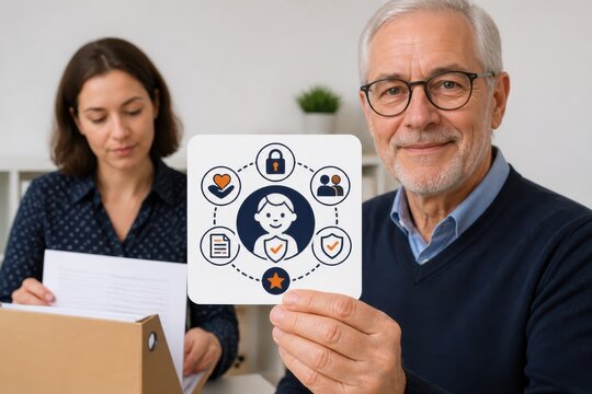 Insurance concept with senior man holding benefits card and woman with documents