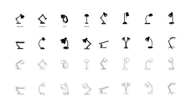 Desk lamp vector set featuring various modern office lighting fixtures in black solid and outlined styles for interior design projects and workspace decor.