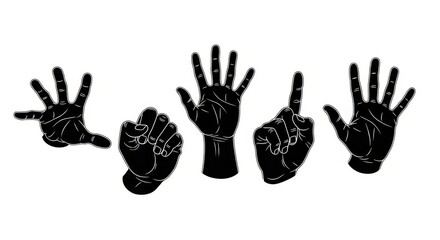 Fototapeta premium Set of black hand silhouettes with various gestures and signs on a white background for communication and design.