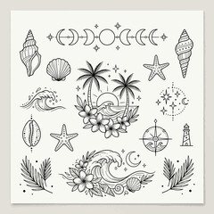 Obraz premium Boho Beach Tattoo Elements: Seashells, Waves, Palms, Celestial, Stars