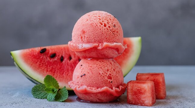 Two scoops of pink watermelon ice cream stacked. Watermelon slices and mint leaves surround the frozen dessert. Cubed fruit pieces sit nearby on grey surface.