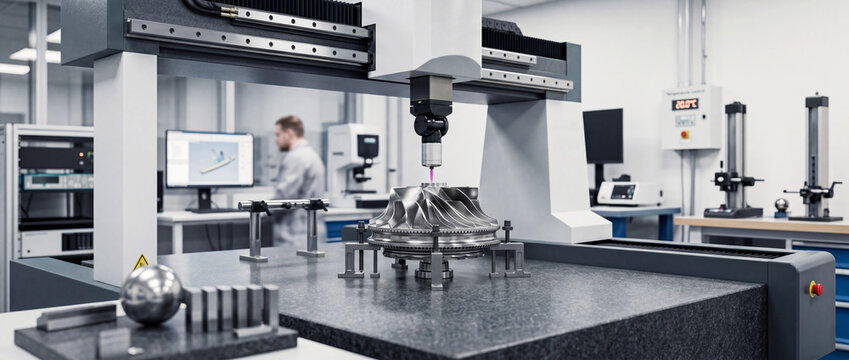 Precision CMM inspection of turbine impeller on granite table in advanced manufacturing metrology lab