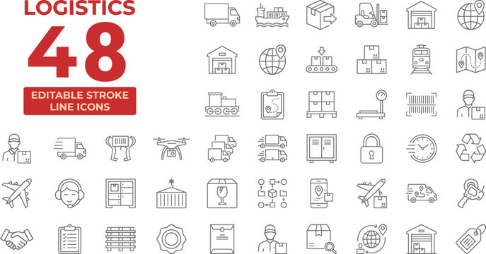 Logistics line icons showing transport delivery and warehousing concepts with global connections and technology