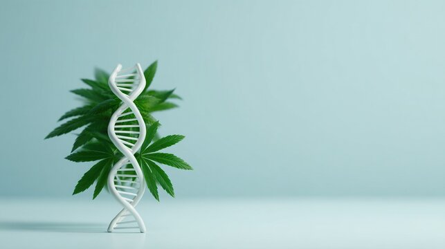 A 3D DNA double helix model intertwined with green cannabis leaves against a pale blue background.