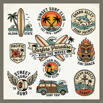 Retro Surf Badges and Patches with Beach and Ocean Elements