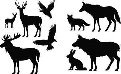 Fototapeta premium Set of black forest animal silhouettes including stag moose fox wolf hare and flying crows for wildlife and nature graphics