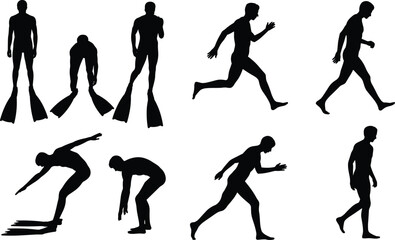Set of black human silhouettes in various motion poses including running walking and diving with swim fins isolated on white background © Sreekhamol