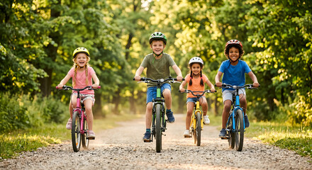 Obraz premium Four diverse children riding bicycles together on a sunny park trail