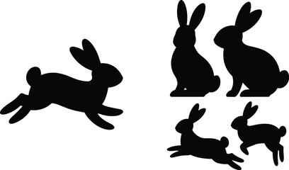 Obraz premium Set of black rabbit silhouettes featuring bunny icons in running jumping and sitting positions for Easter and nature designs