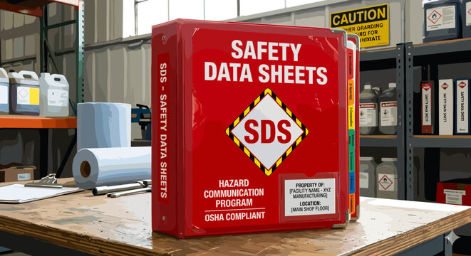 Red binder labeled "Safety Data Sheets" in a workshop setting