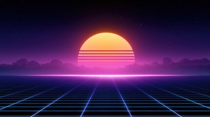 Obraz premium Retro synthwave landscape with glowing sunset grid