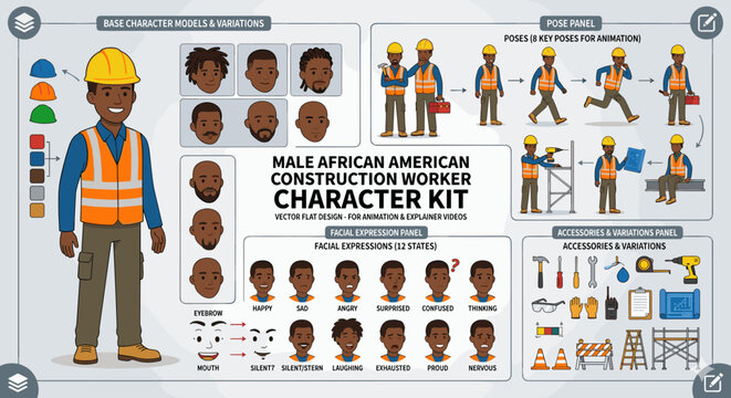 Male African American construction worker character kit for animation and explainer videos
