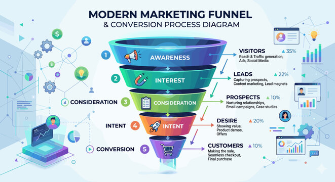 Modern marketing funnel and conversion process diagram with business growth elements
