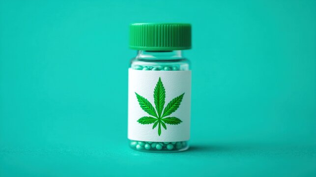 A small bottle with green pills and a label featuring a cannabis leaf on a turquoise background.
