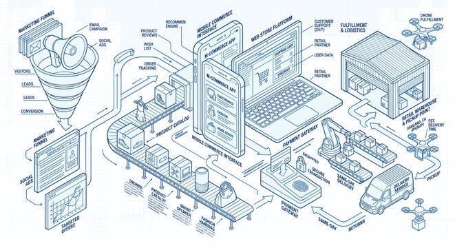 E-commerce process flow from marketing funnel to drone delivery and returns