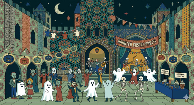 Spooky Halloween castle party with dancing skeletons and costumed guests
