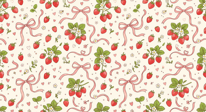Charming strawberry and ribbon pattern with delicate floral accents and hearts