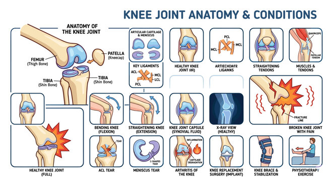 Detailed illustration of the human knee joint anatomy and common conditions