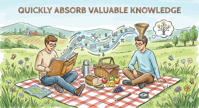 Two men absorbing knowledge from a book and funneling ideas into their minds outdoors