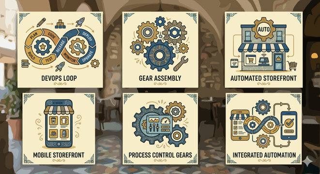 Set of icons illustrating automation, business processes, and technology concepts