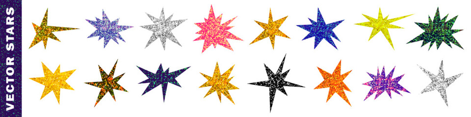 Obraz premium Glitter cut out stars set. Sparkle colorful irregular star paper clippings. Vintage stickers for collage and scrapbook. Gold, silver, purple elements Vector illustration on transparent background